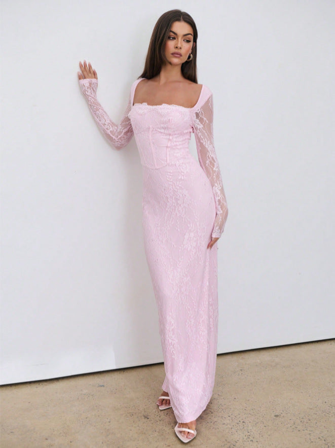 Vestido Midi Justo com Decote Quadrado e Renda