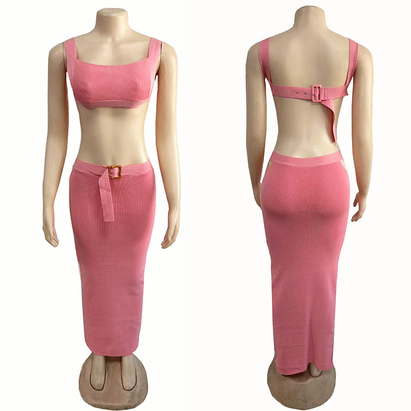 Knitted Two-Piece Set — Strapless Top & Long Skirt