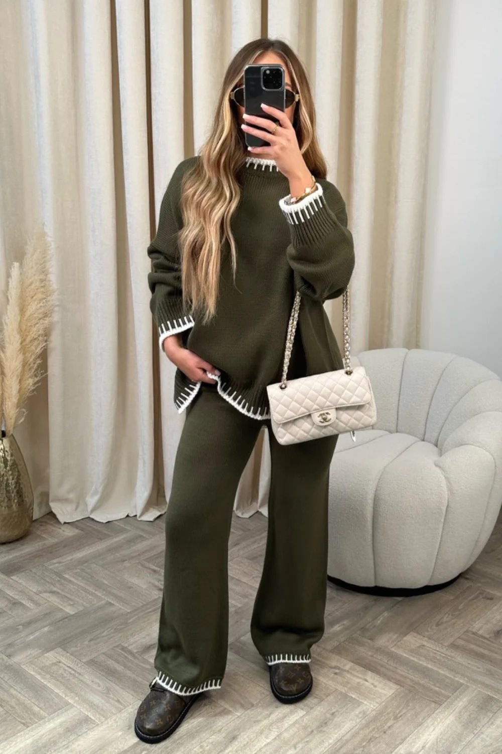Conjunto de Duas Peças Casual de Cor Sólida para Mulher