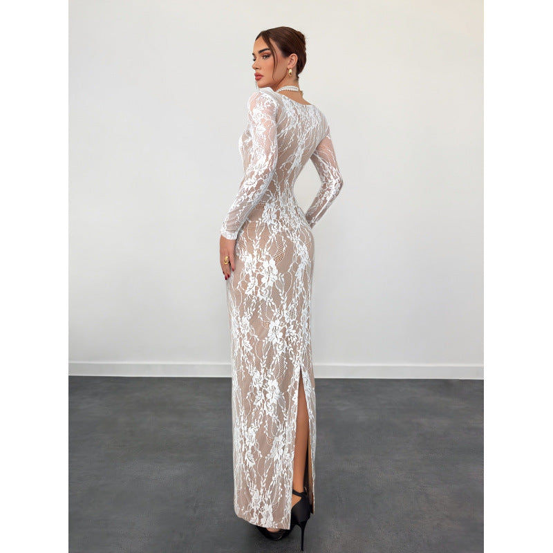 Vestido Midi Justo com Decote Quadrado e Renda