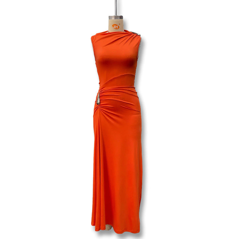 Sleeveless High-Waist Maxi Dress with Metallic Accents