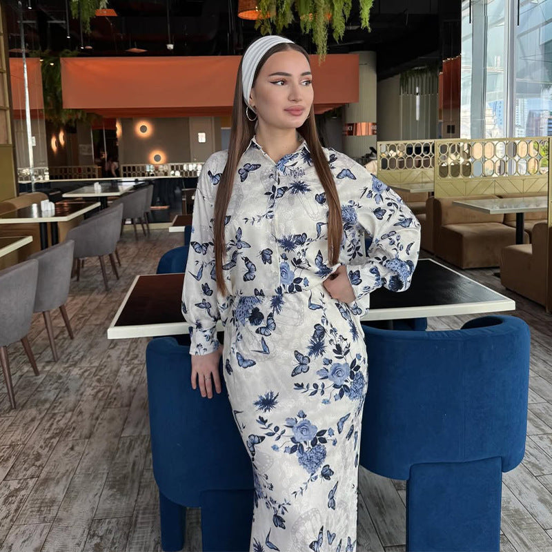 Fato Feminino com Gola de Lapela e Manga Comprida Estampado
