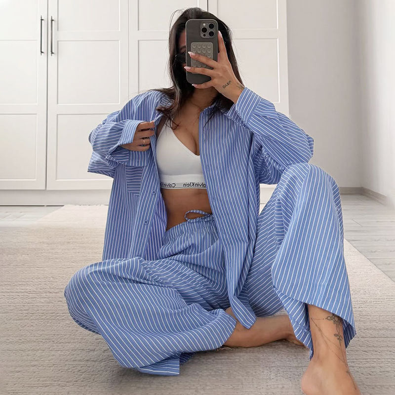 Women's Striped Lounge Set — Long Sleeve Top & Wide-Leg Trousers