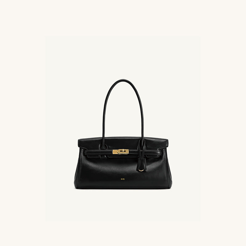 Lock-Clasp PU Baguette Shoulder Bag