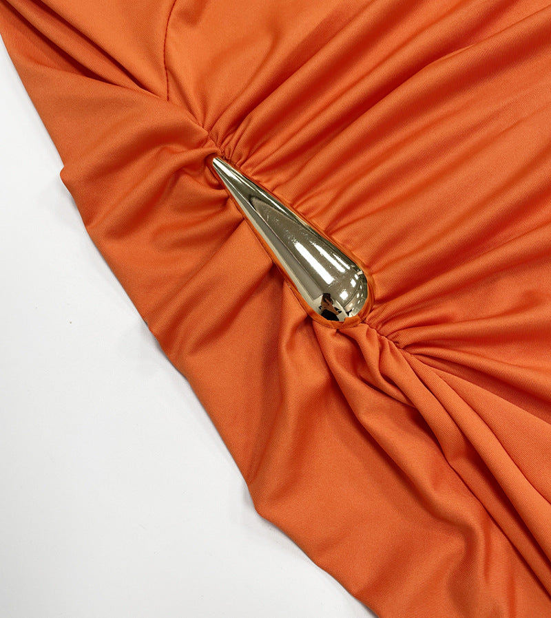 Vestido Maxi Sem Mangas de Cintura Alta com Detalhes Metalizados
