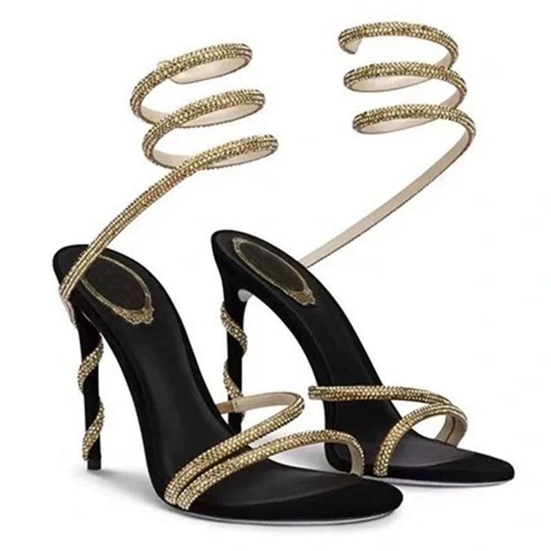 Rhinestone Snake-Strap Stiletto Sandals