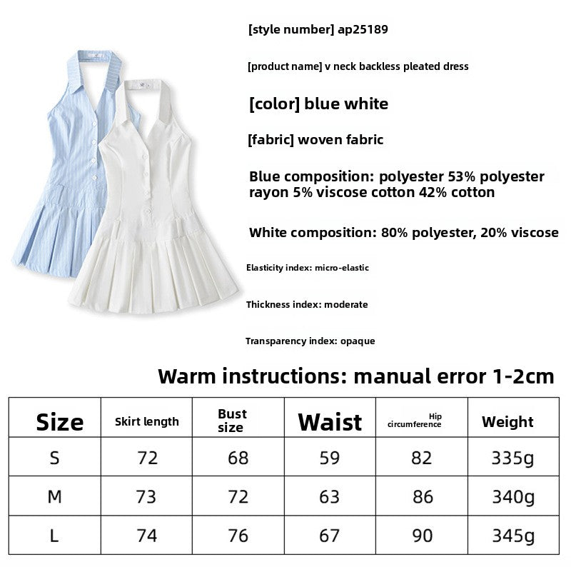 Vestido Halter de Decote em V para Mulher — Mini Plissado Francês de Cintura Alta