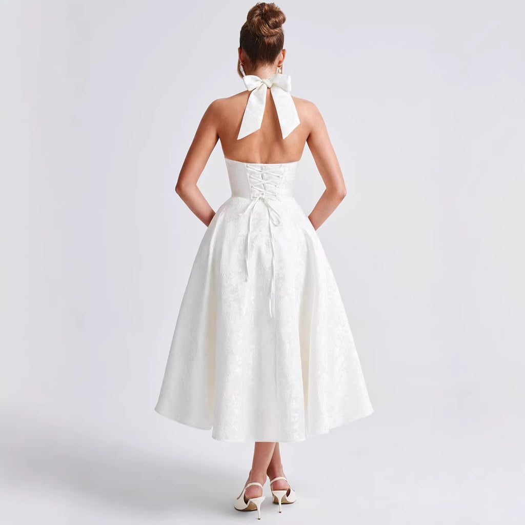 Vestido Maxi Jacquard 3D com Decote em V e Costas Cravadas