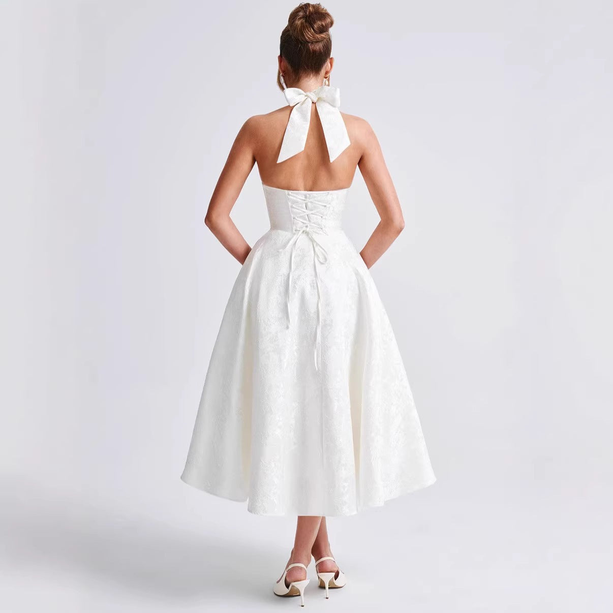 3D Jacquard V-Neck Halter Backless Maxi Gown