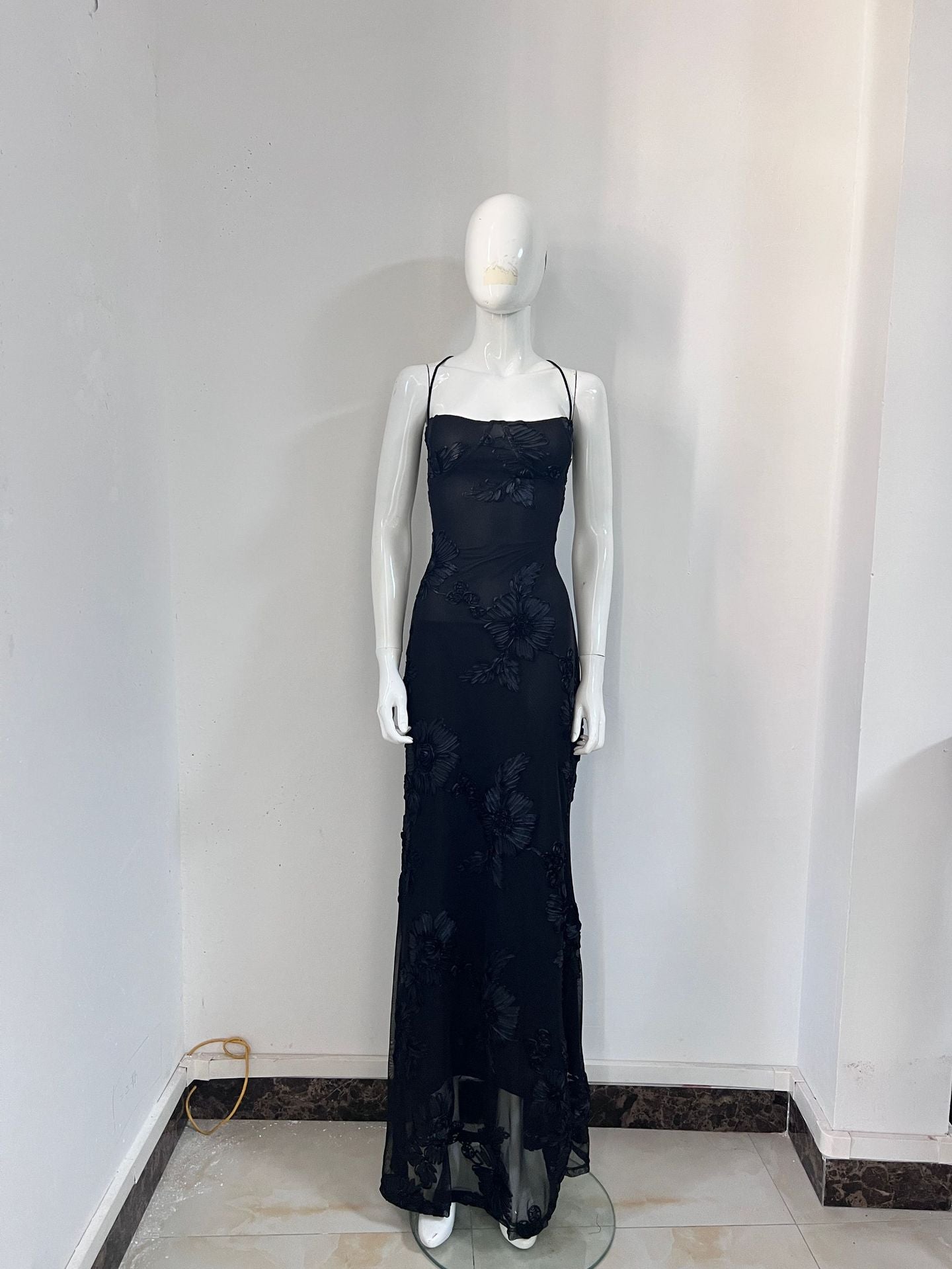 3D Floral Embroidery Backless Suspender Maxi Dress