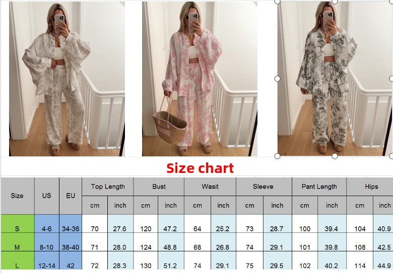 Conjunto de Calças e Camisa de Manga Comprida Estampada para Mulher