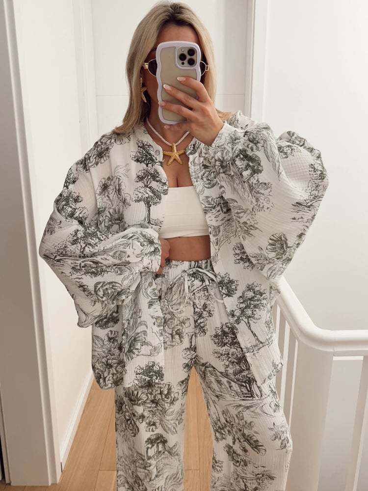 Women's Printed Long Sleeve Shirt & Trousers Set