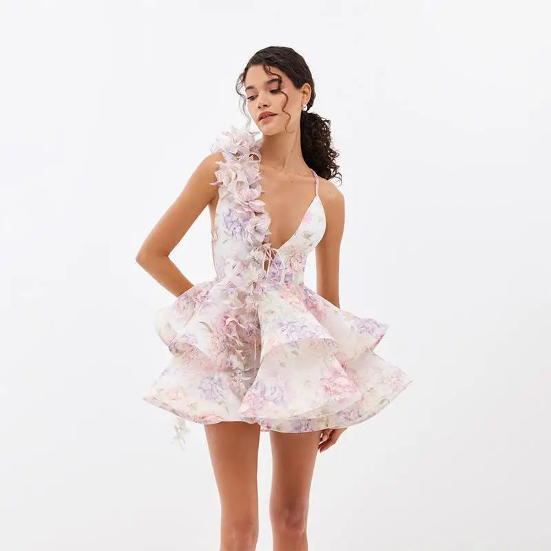 Vestido Bandage Floral 3D para Mulher — Mini Tubinho Caicai com Decote em V