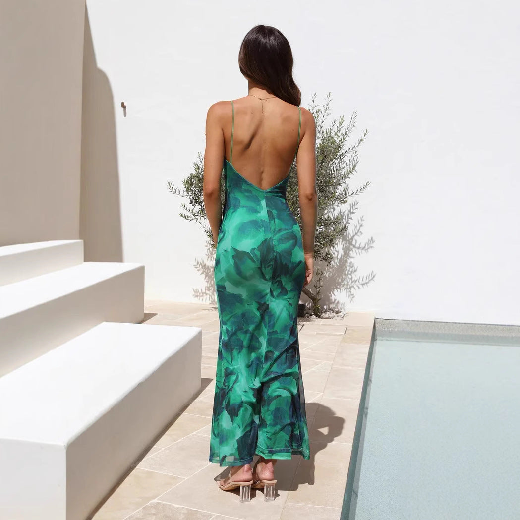 Vestido Midi Rabo de Peixe sem Costas com Decote Quadrado e Estampado Floral