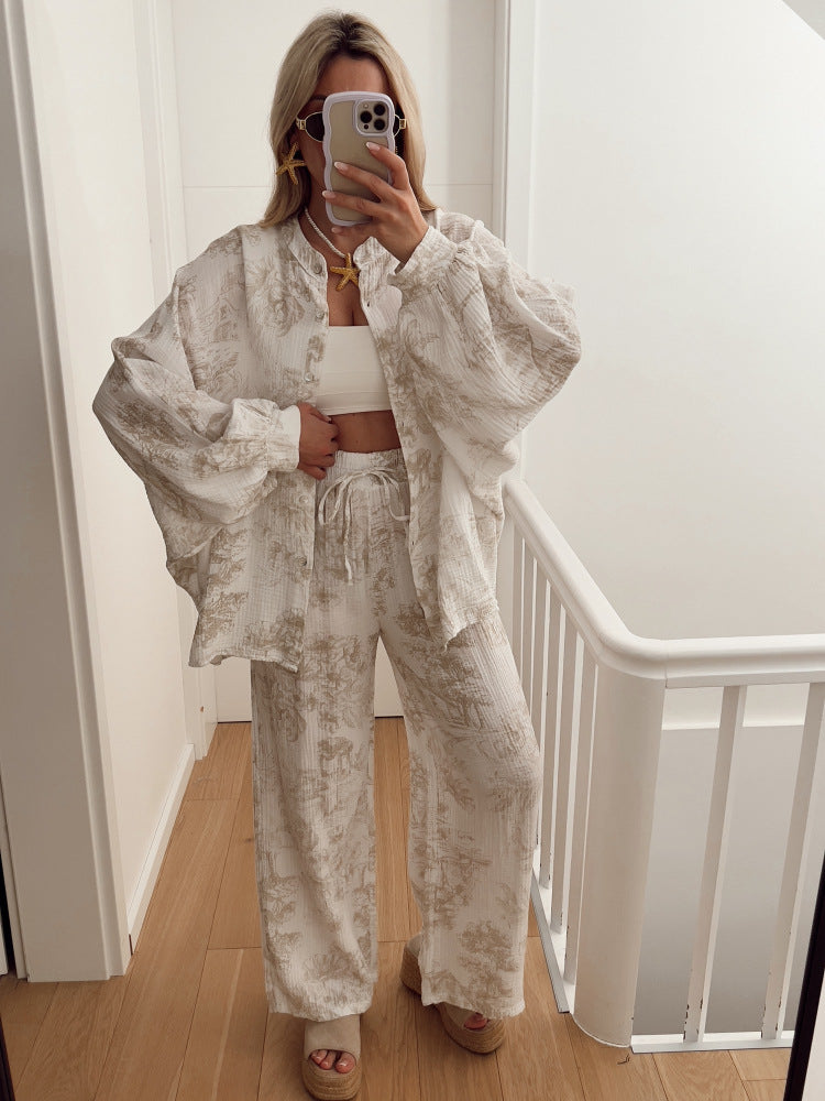 Women's Printed Long Sleeve Shirt & Trousers Set