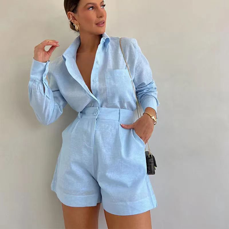 Casual Two-Piece Set – Long Sleeve Shirt & Shorts