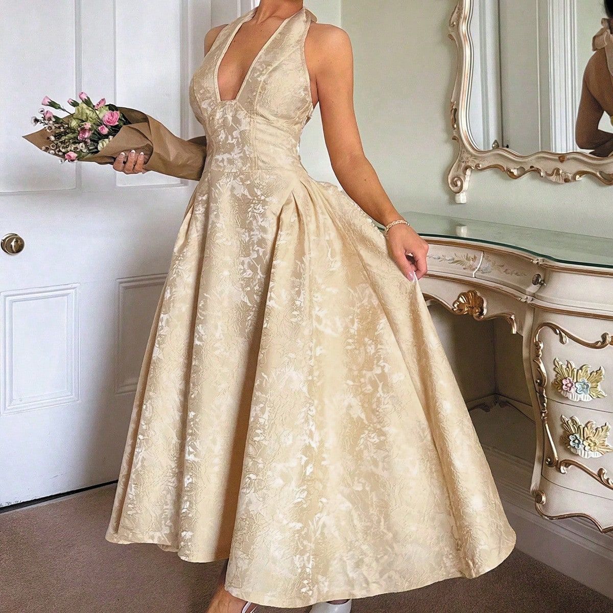 3D Jacquard V-Neck Halter Backless Maxi Gown