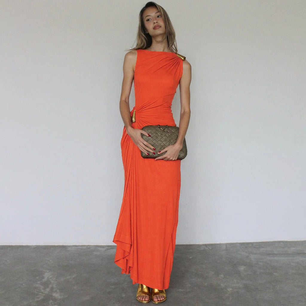Vestido Maxi Sem Mangas de Cintura Alta com Detalhes Metalizados