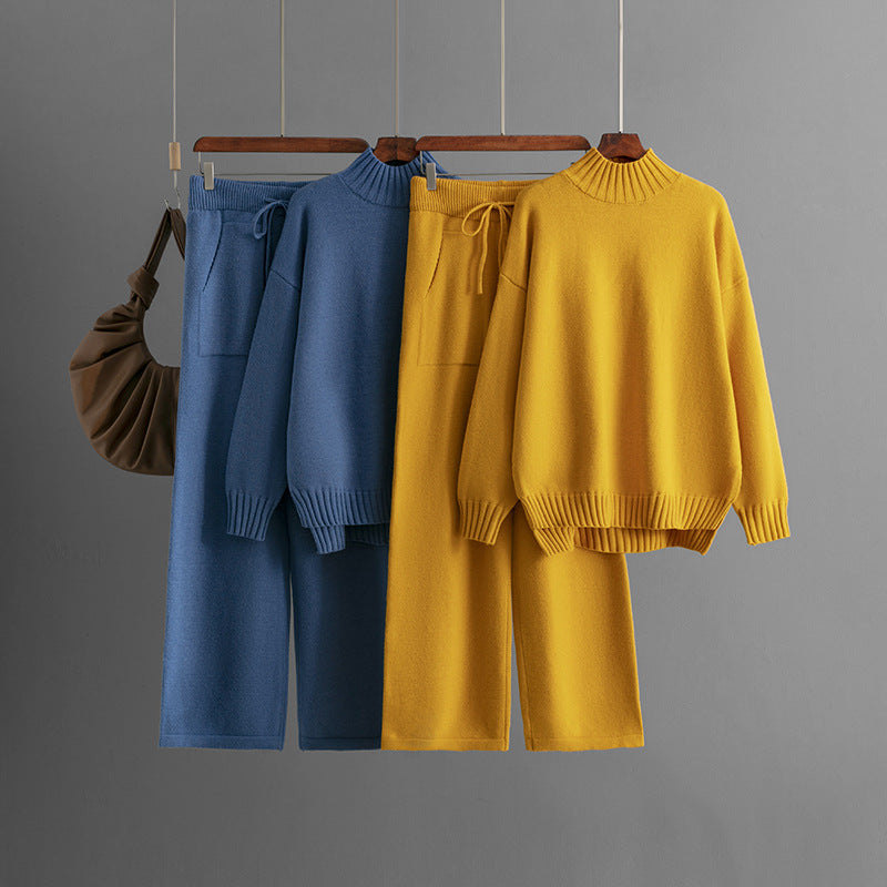 Conjunto de Duas Peças de Malha Premium – Camisola de Gola Alta e Calças de Perna Larga