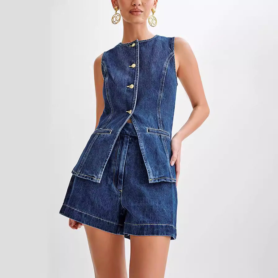 Women's Denim Co-ord Set — Sleeveless Top & High-Waist Shorts