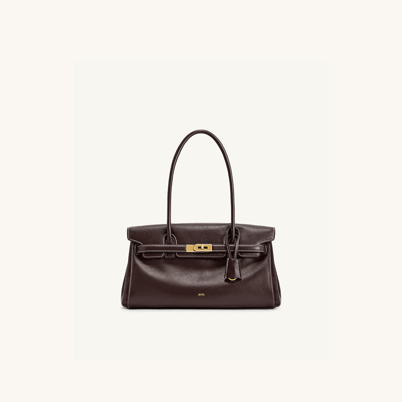 Lock-Clasp PU Baguette Shoulder Bag
