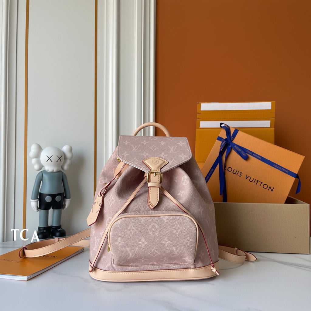 Louis Vuitton backpack with a toy figure and gift box in the background
