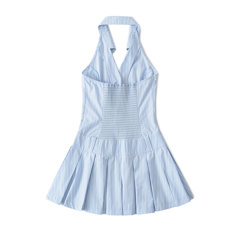 Vestido Halter de Decote em V para Mulher — Mini Plissado Francês de Cintura Alta