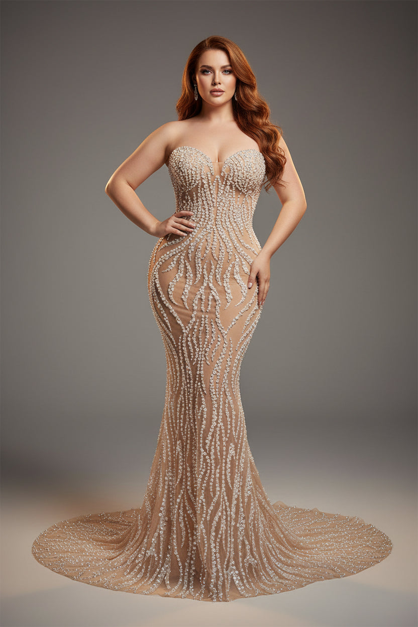 Mannequin wearing a beaded evening gown on a dark background