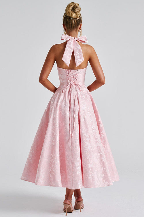 Vestido Maxi Jacquard 3D com Decote em V e Costas Cravadas