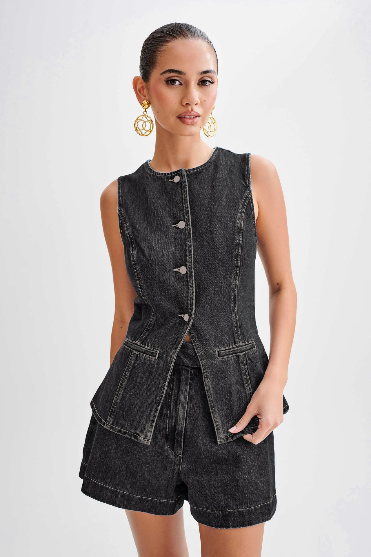 Women's Denim Co-ord Set — Sleeveless Top & High-Waist Shorts