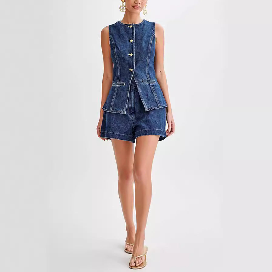 Women's Denim Co-ord Set — Sleeveless Top & High-Waist Shorts