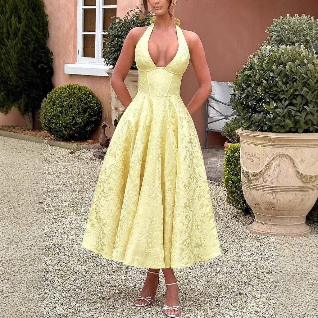 Vestido Maxi Jacquard 3D com Decote em V e Costas Cravadas