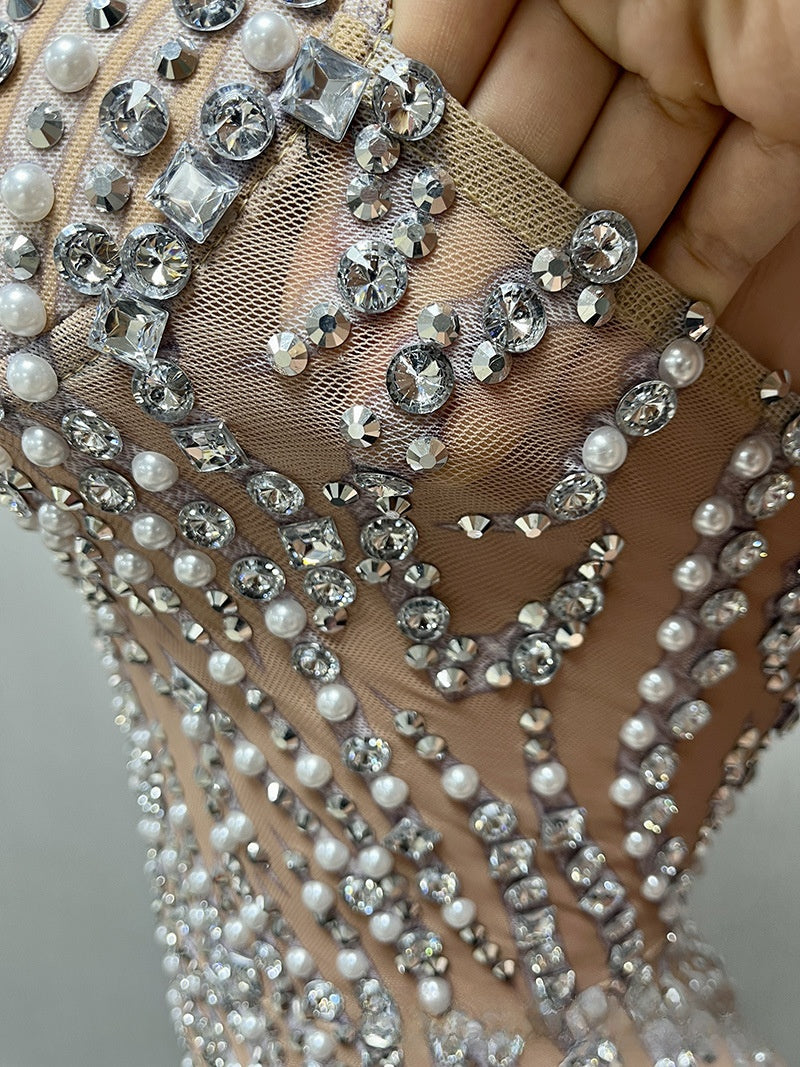 Vestido de Noite Comprido, Sem Alças, com Aplicações de Strass