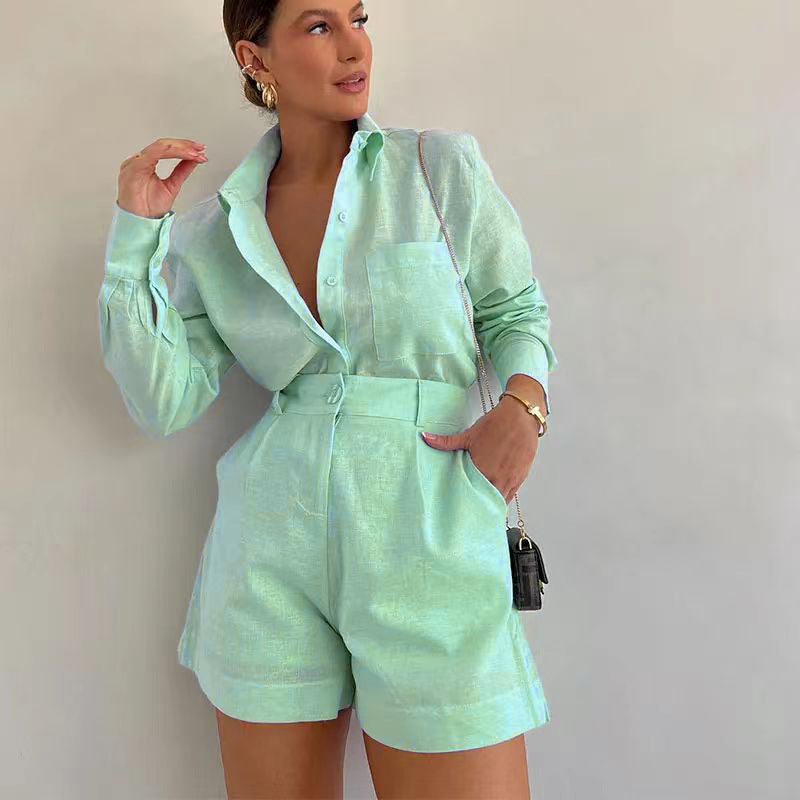 Casual Two-Piece Set – Long Sleeve Shirt & Shorts