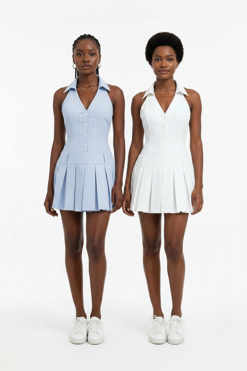 Vestido Halter de Decote em V para Mulher — Mini Plissado Francês de Cintura Alta