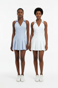 Vestido Halter de Decote em V para Mulher — Mini Plissado Francês de Cintura Alta