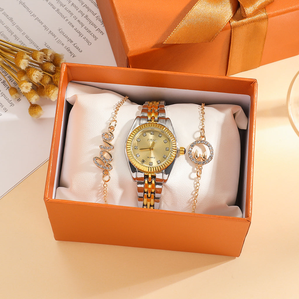 Relógio de Senhora com Mostrador Dourado e Diamantes Graduais
