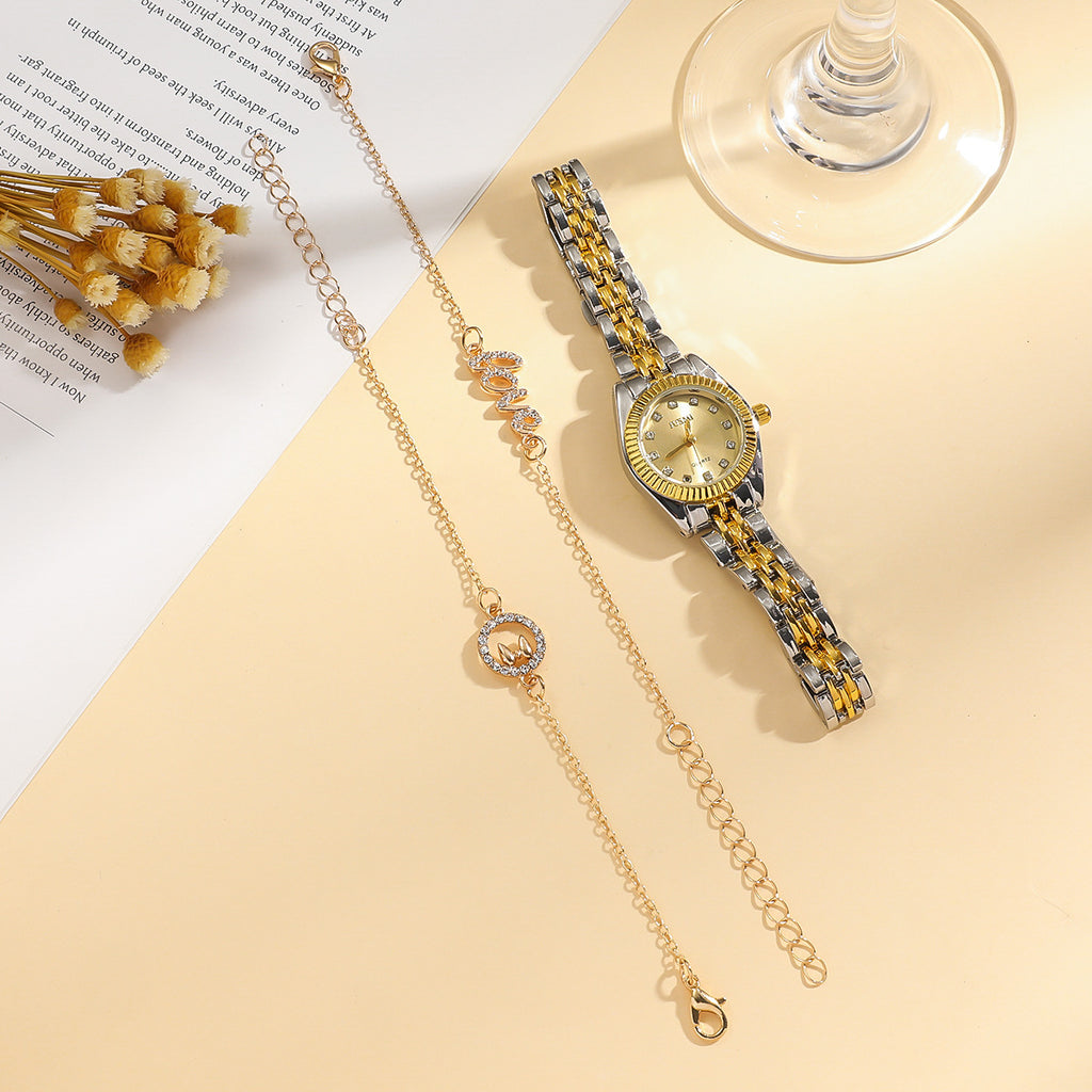 Relógio de Senhora com Mostrador Dourado e Diamantes Graduais