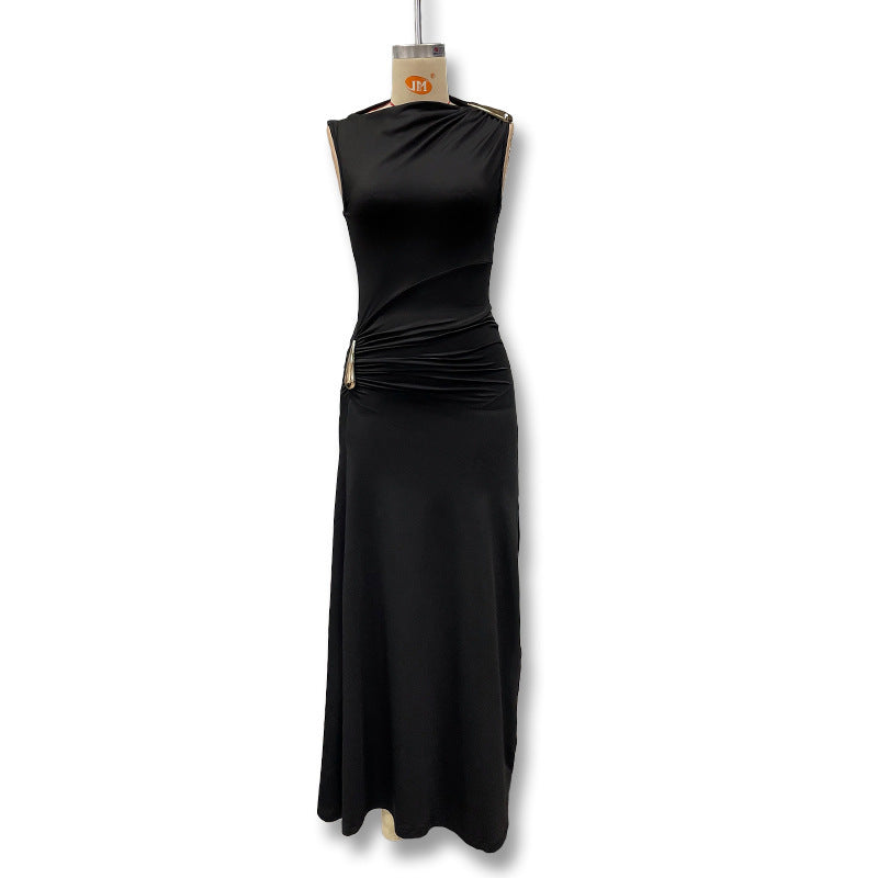 Sleeveless High-Waist Maxi Dress with Metallic Accents