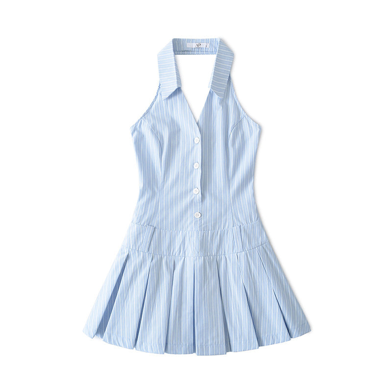 Vestido Halter de Decote em V para Mulher — Mini Plissado Francês de Cintura Alta