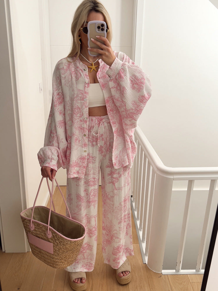 Women's Printed Long Sleeve Shirt & Trousers Set