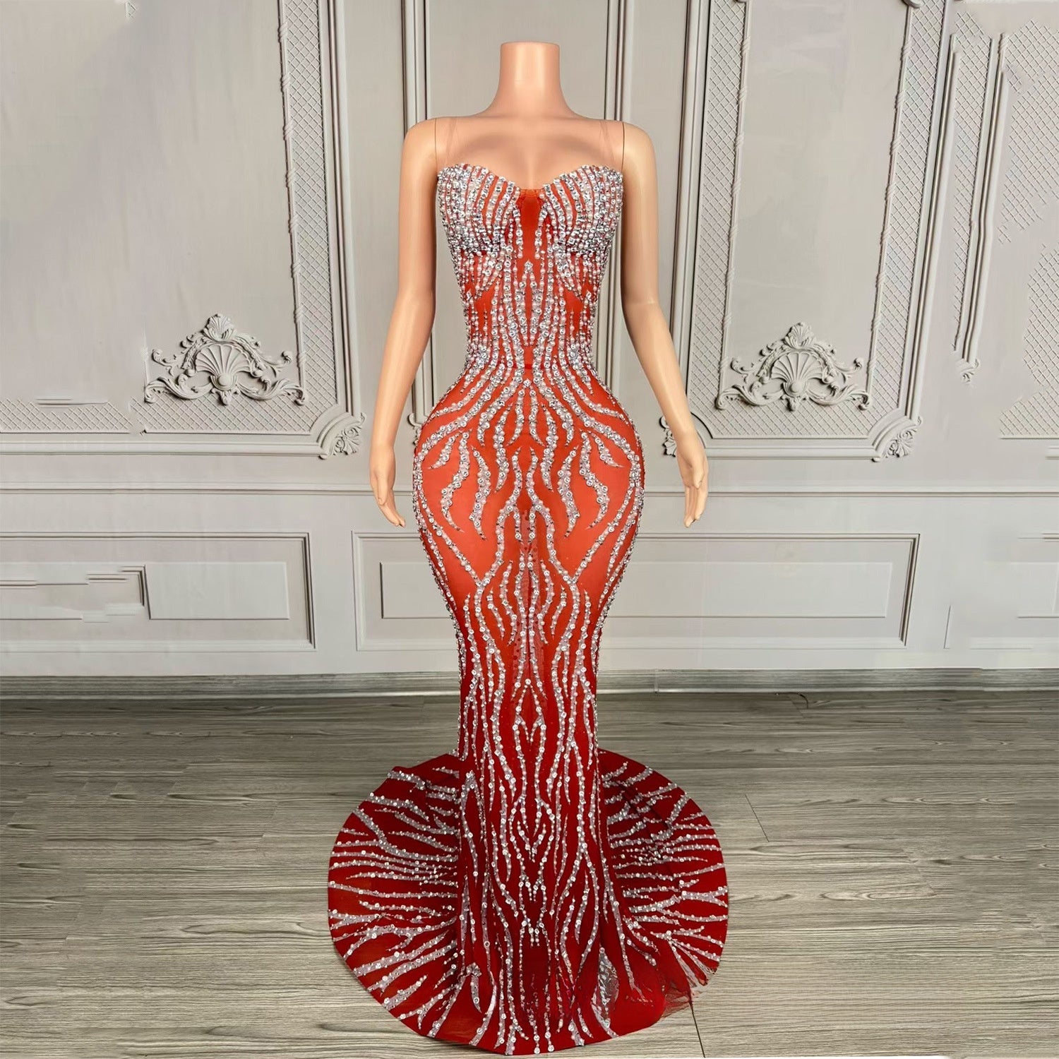 Strapless Rhinestone-Embellished Floor-Length Evening Gown