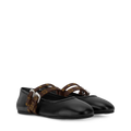 Black ballet flats with brown strap on a white background