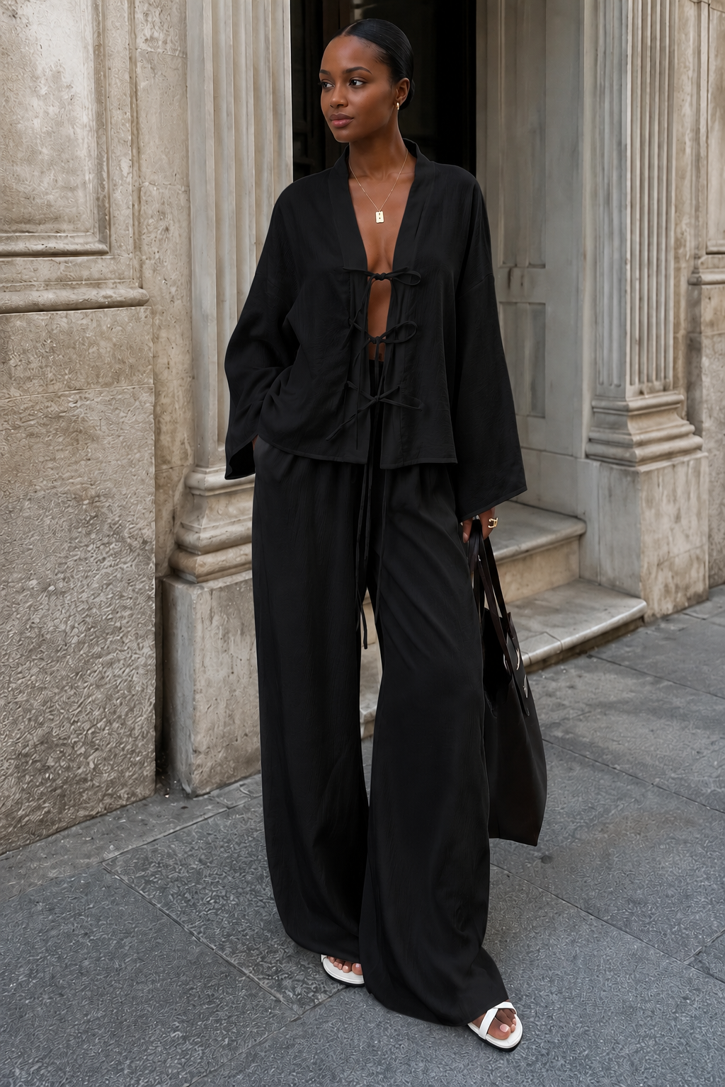 Lace-Up Belted Shirt & Trousers Set