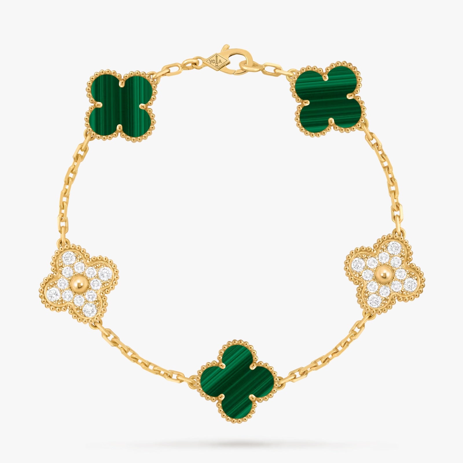 Vintage Alhambra Bracelet, 5 Motifs, Diamond Malachite