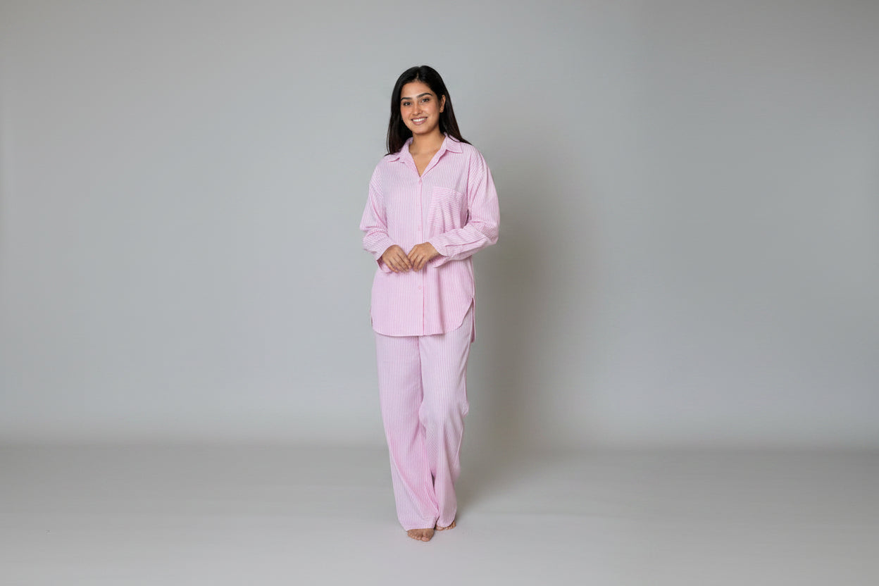 Woman wearing a pink pajama set against a plain background
