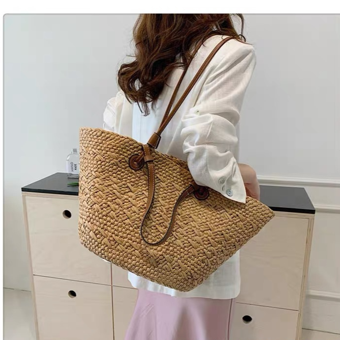 Handwoven Straw Open-Top Tote Bag