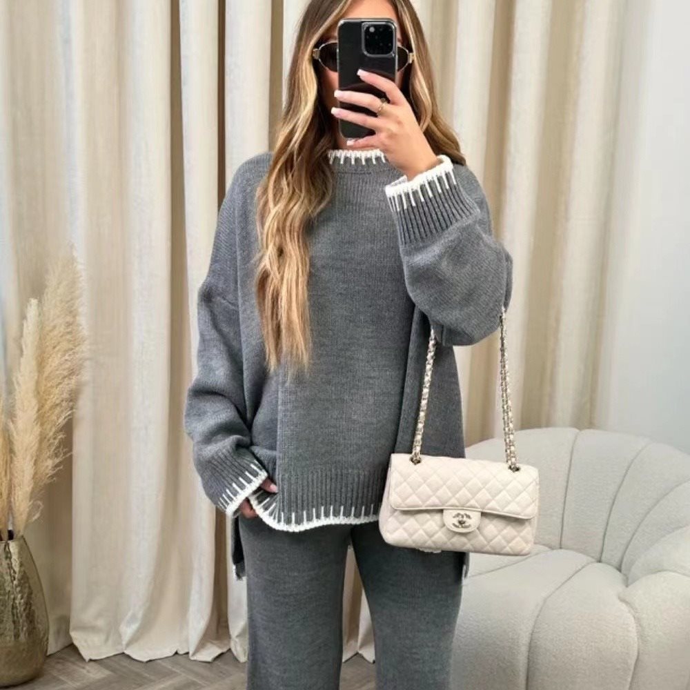 Conjunto de Duas Peças Casual de Cor Sólida para Mulher