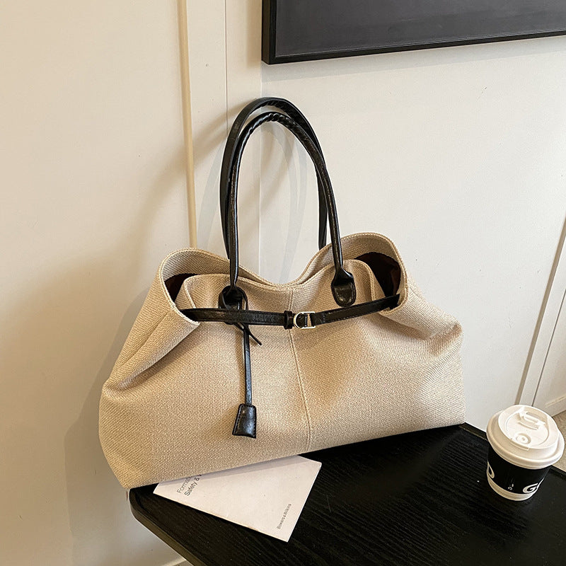 Contrast-Detail Canvas Tote Shoulder Bag