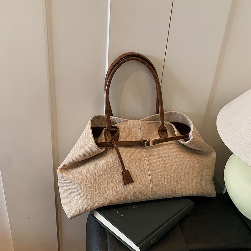 Contrast-Detail Canvas Tote Shoulder Bag